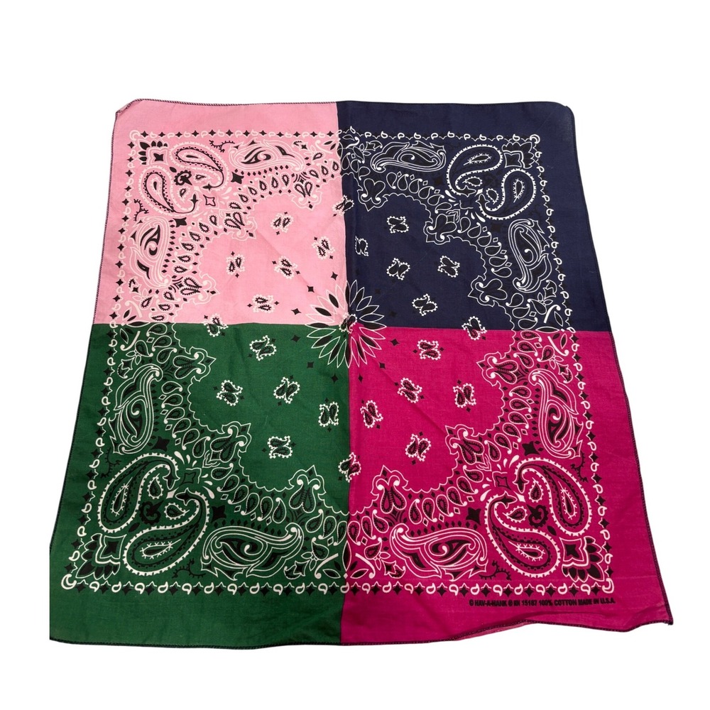 Vintage Hav-A-Hank Bandana Paisley Color Block Pink Green Navy Magenta USA Made